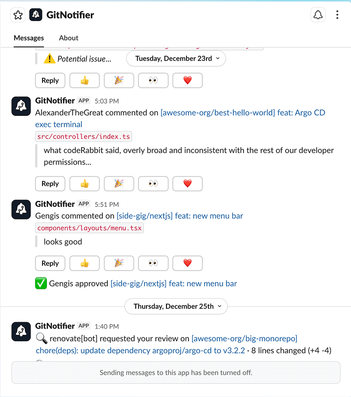 Gitnotifier notif in slack